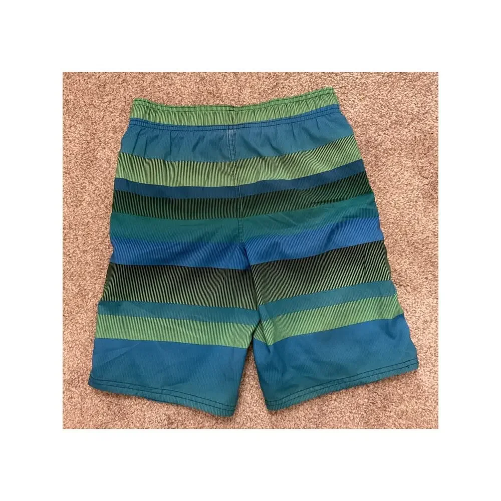 Nike Boys Blue Green Striped Swim Trunks Beach Pool Swimwear, S (8-10 years)